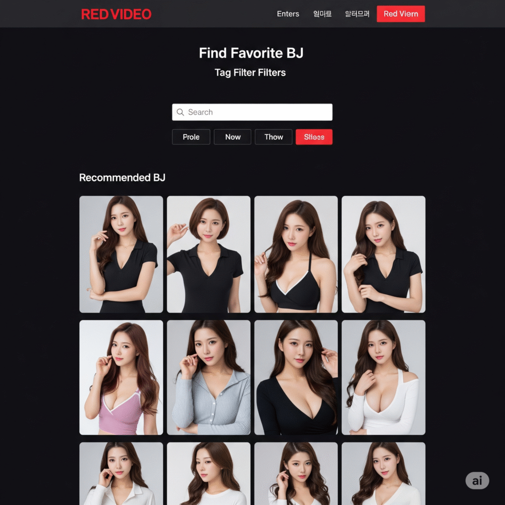 빨간비디오의 좋아하는 BJ 찾기 페이지로, 태그 필터와 추천 BJ 목록이 표시된 화면 빨간비디오의 좋아하는 BJ 찾기 페이지로, 태그 필터와 추천 BJ 목록이 표시된 화면