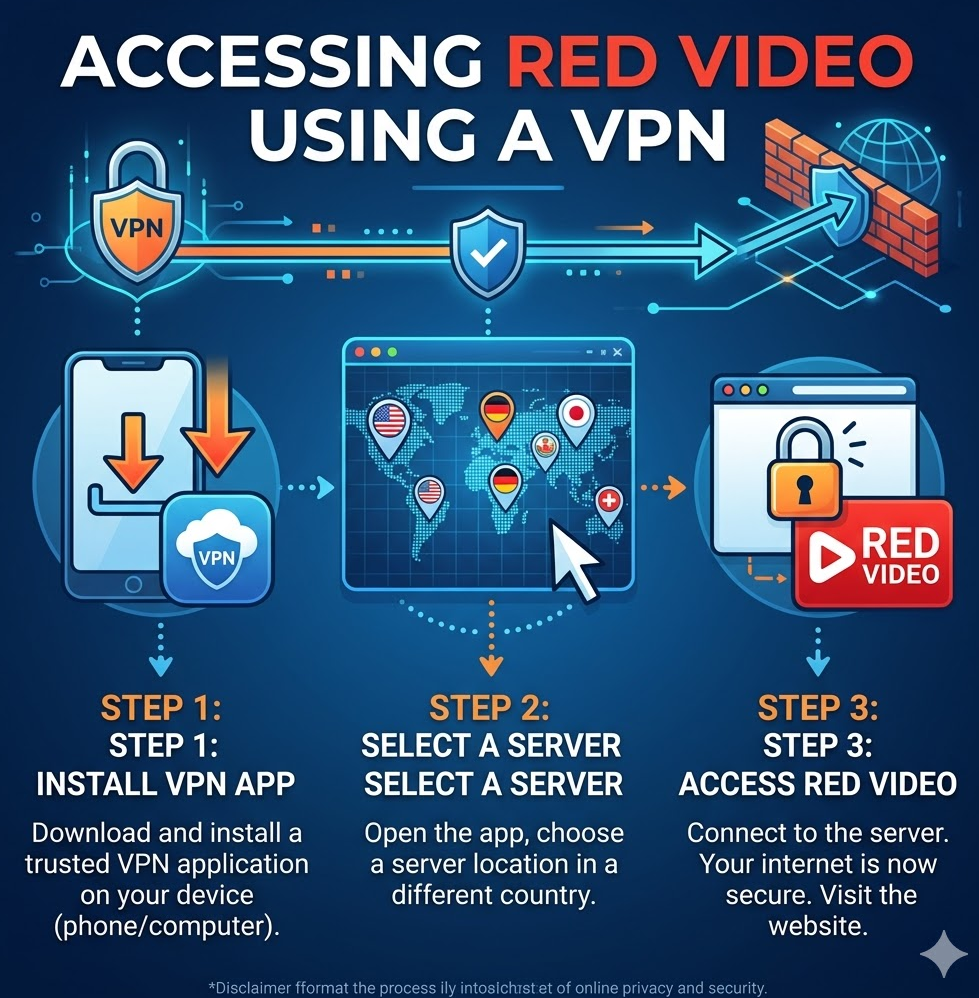  VPN을 사용한 빨간비디오 우회접속 과정을 단계별로 보여주는 인포그래픽