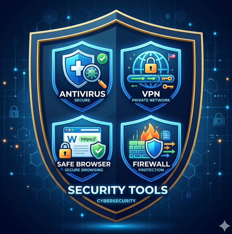 보안 도구 아이콘 세트 이미지. VPN, 안티바이러스, 브라우저 아이콘