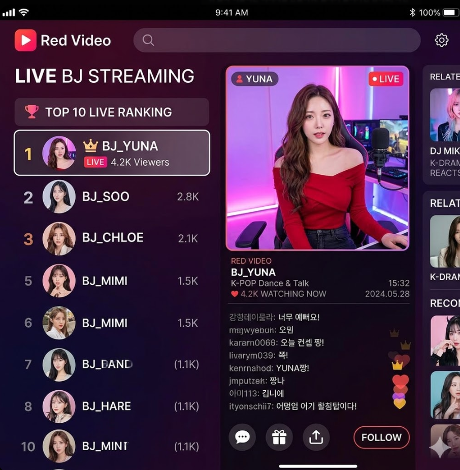 빨간비디오 di동 실시간 BJ 스트리밍 섹션 캡처, 인기 랭킹과 시청자 수 표시