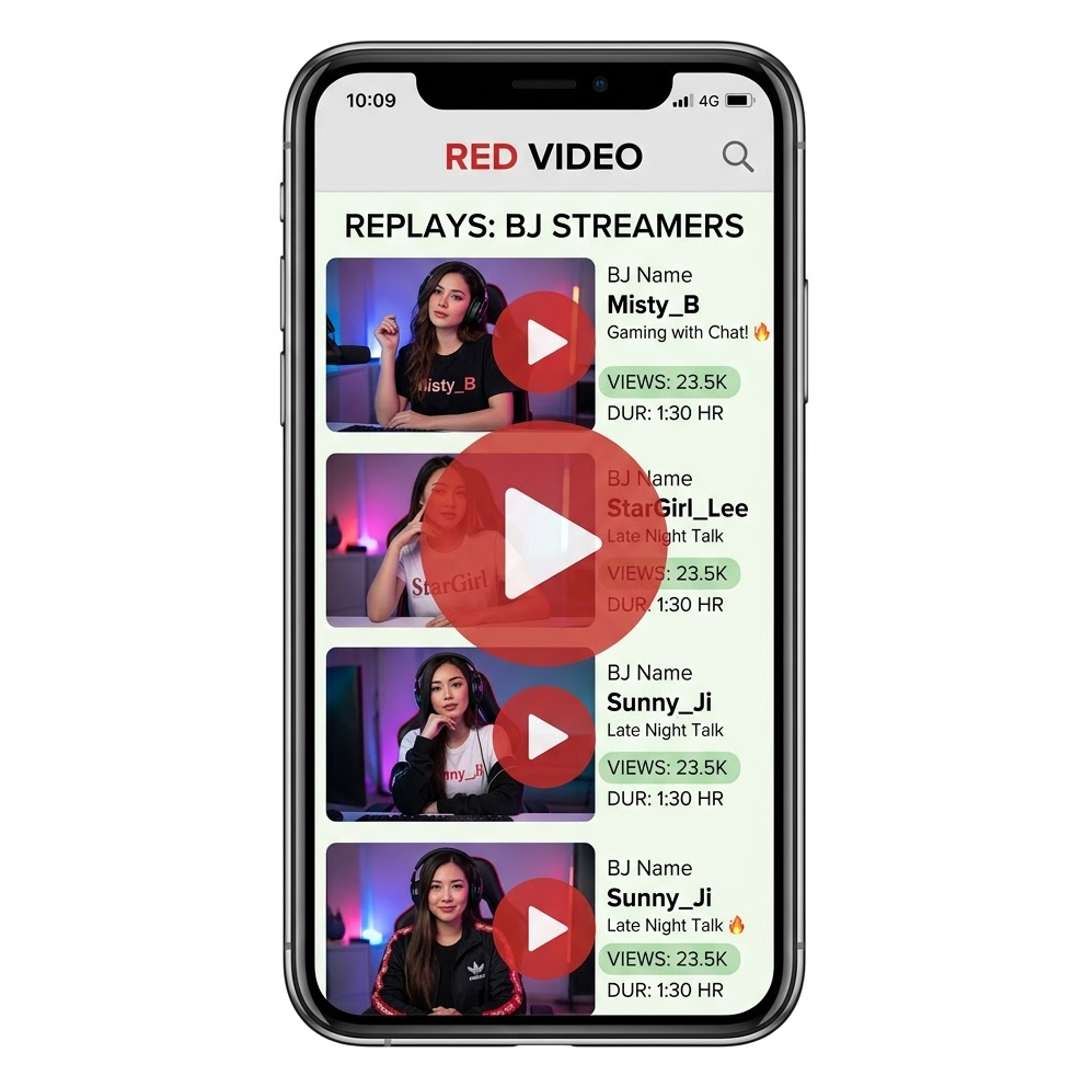  BJ다시보기 모바일 화면 캡처, BJ 썸네일 세로 배열과 재생 버튼이 강조된 스마트폰 이미지