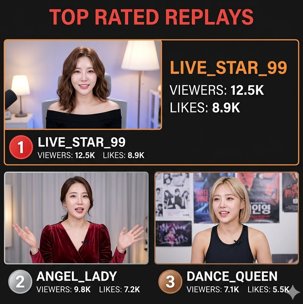 인기 랭킹 섹션 캡처, 실시간 순위와 시청자 수·좋아요 표시된 화면