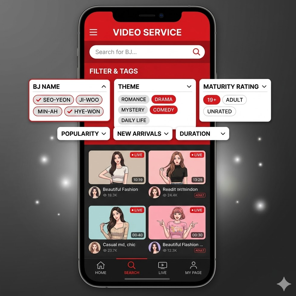 BJ다시보기 필터·태그 메뉴 스크린샷, BJ명·테마·수위 옵션이 펼쳐진 검색 화면