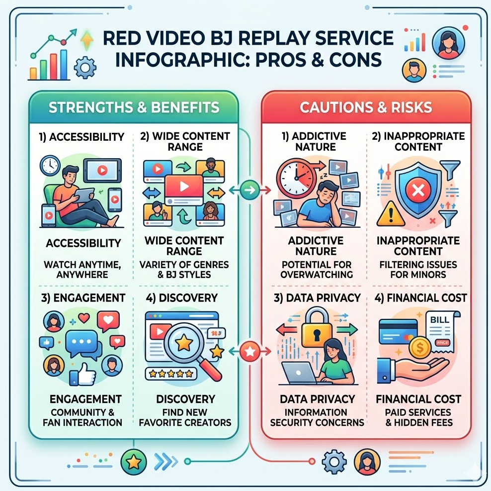 BJ다시보기 장단점 인포그래픽, 강점과 주의사항을 균형 있게 아이콘으로 정리한 시각 자료
