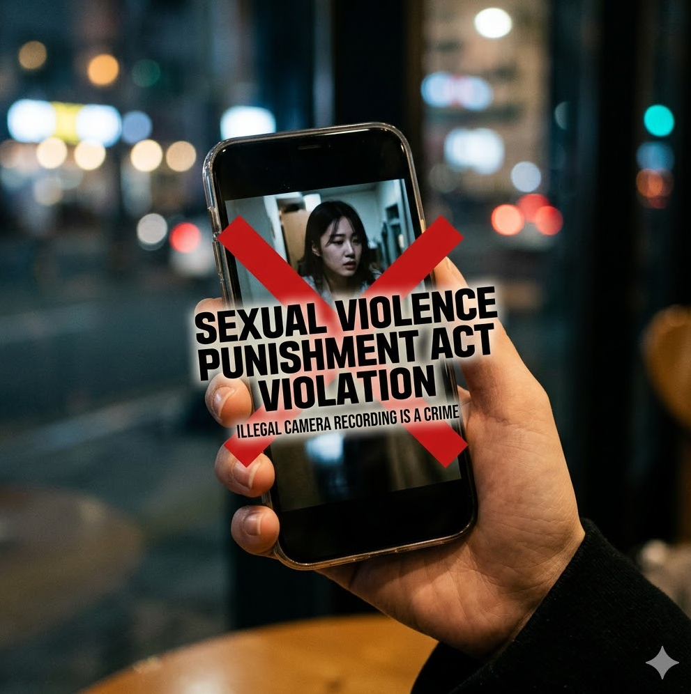 스마트폰 화면에 몰카 영상이 재생 중인 모습 위에 커다란 붉은 경고 X 표시와 “성폭력처벌법 위반” 문구가 오버레이된 강렬한 경고 이미지