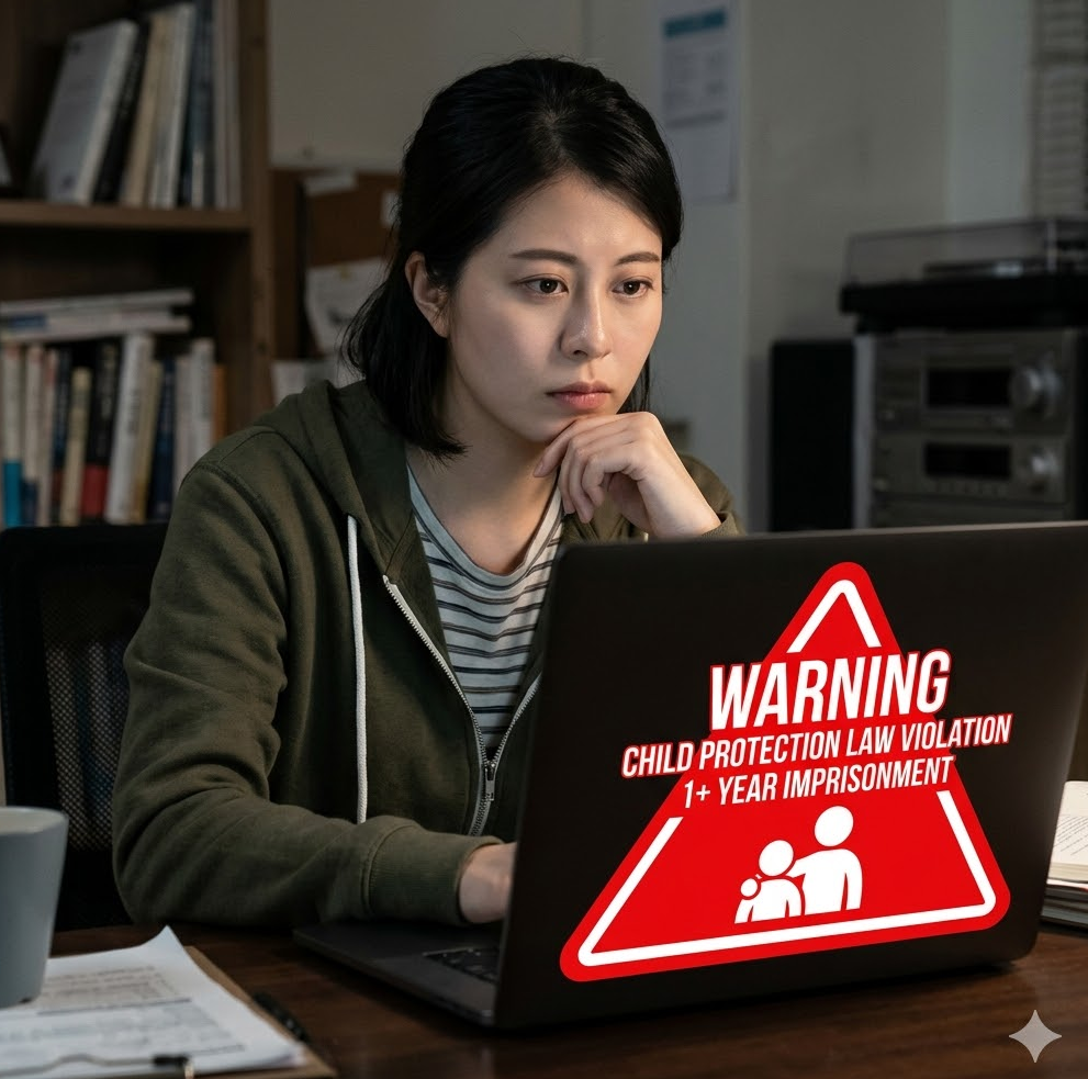 붉은 경고 삼각형 안에 “아청법 위반 – 1년 이상 징역” 문구와 미성년자 보호 아이콘이 결합된 강력 경고 그래픽