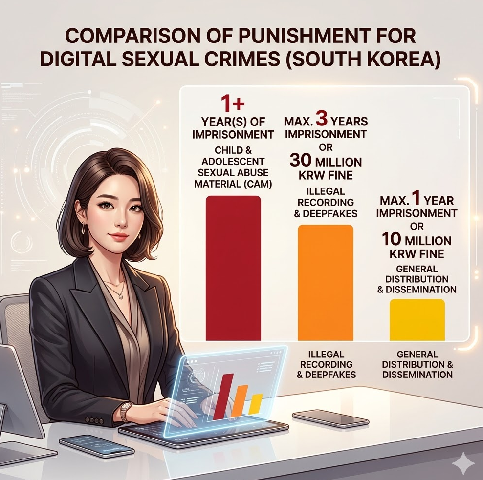 디지털 성범죄 처벌 수위 비교를 보여주는 세련된 바 차트 인포그래픽.