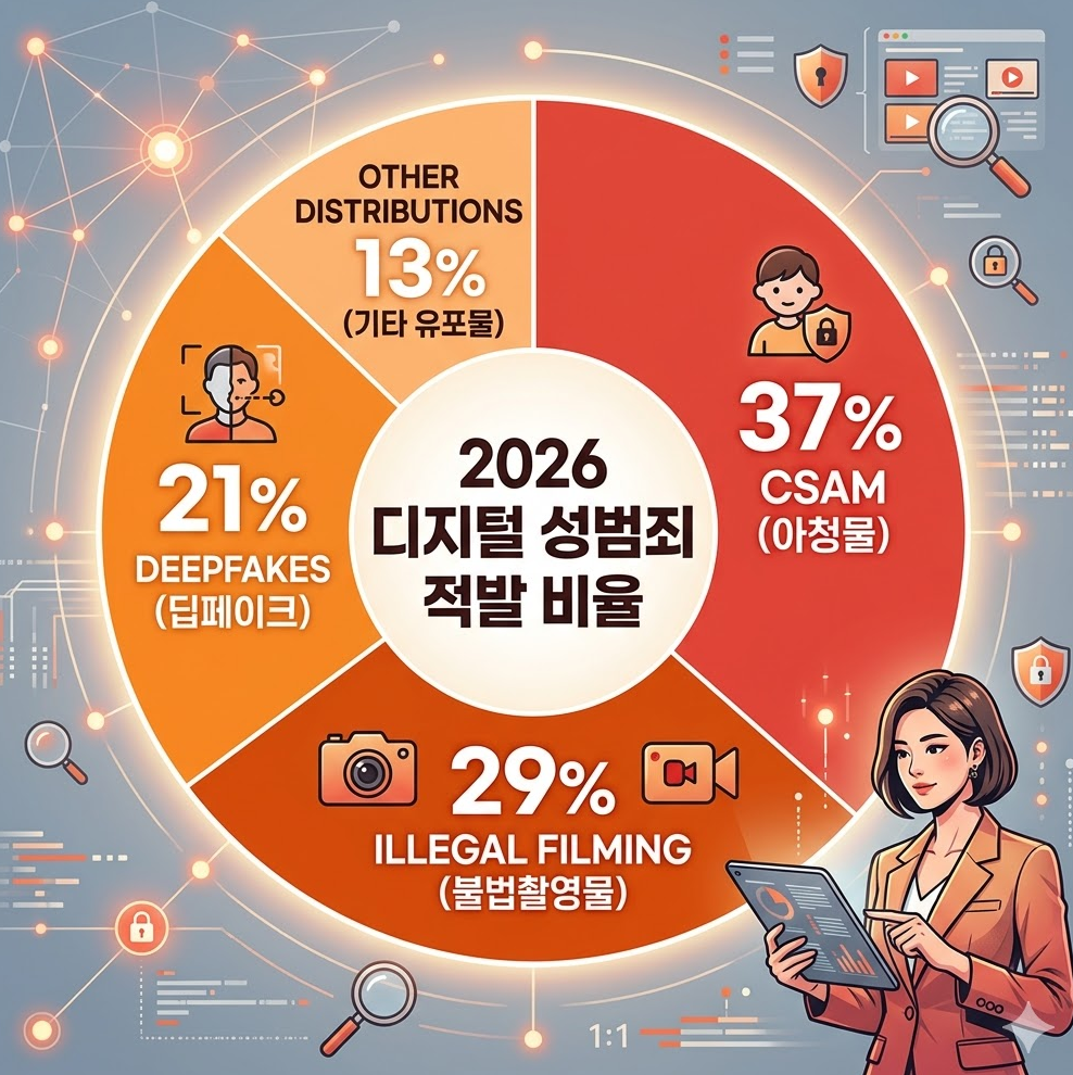 금지된 영상물 종류별 적발 비율을 나타내는 원형 차트 인포그래픽