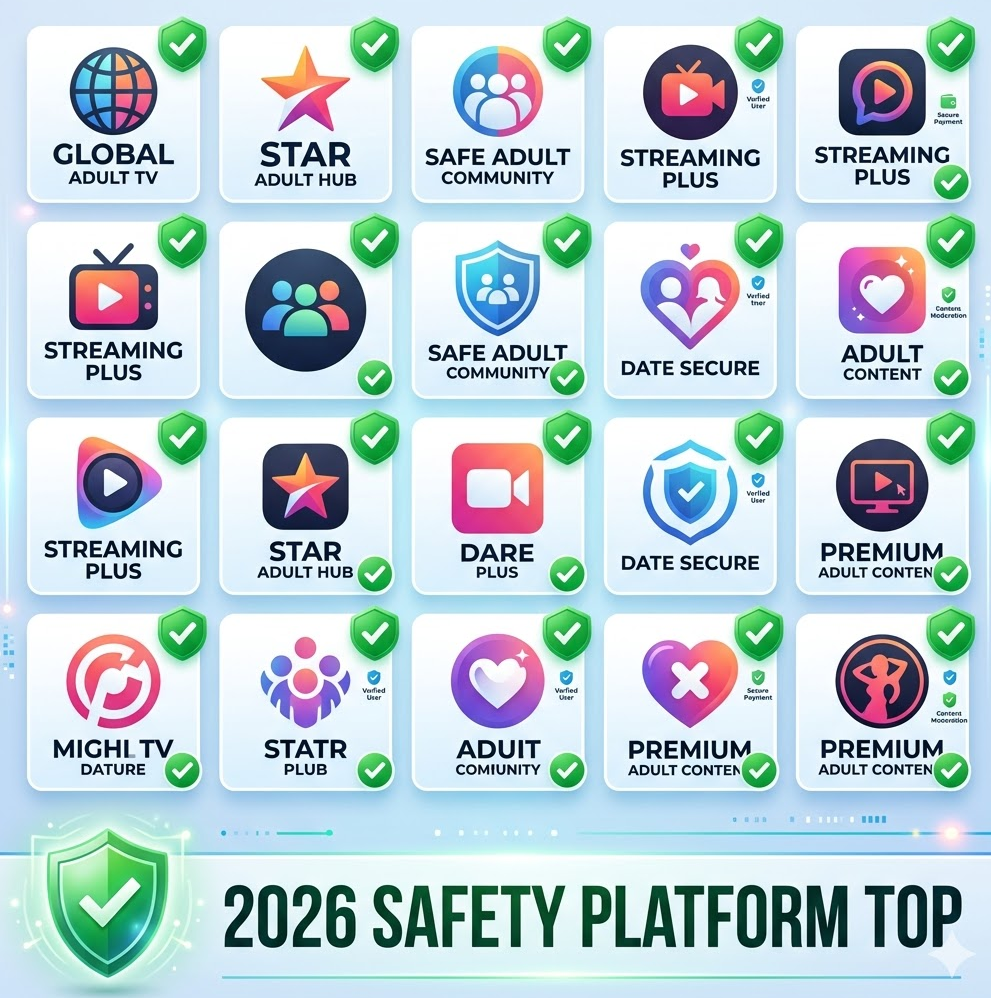 여러 고화질 성인 플랫폼 로고가 안전 체크 표시와 함께 정렬된 밝고 깔끔한 그래픽