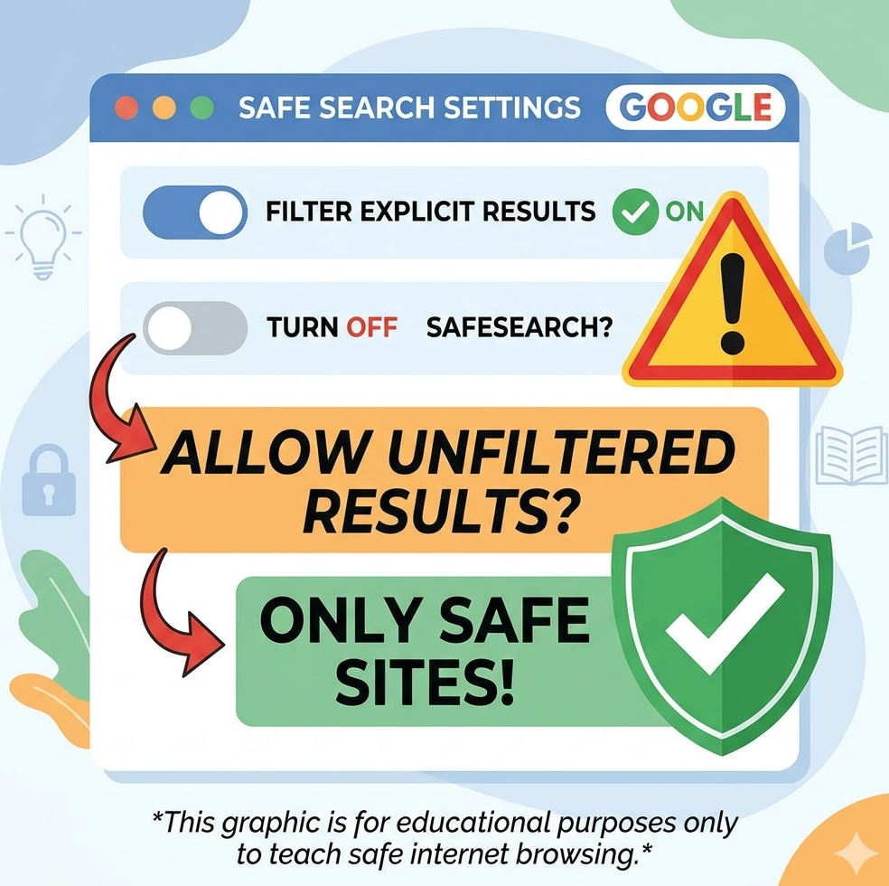 구글 세이프서치 설정 화면 캡처에 안전 체크와 경고 삼각형이 동시에 표시된 교육용 그래픽