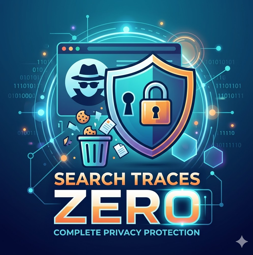 브라우저 비밀 모드 아이콘과 자물쇠·쓰레기통·방패 아이콘이 결합된 보안 중심 일러스트