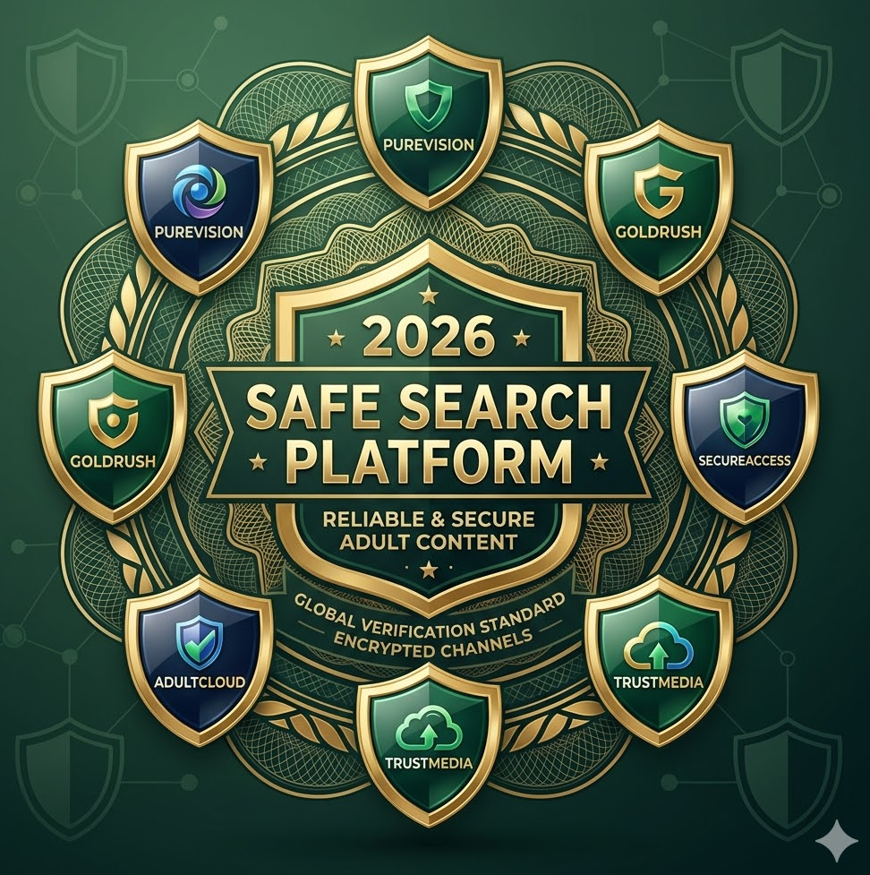 안전한 고화질 성인 플랫폼 로고들이 방패 아이콘과 함께 원형으로 배치된 인포그래픽