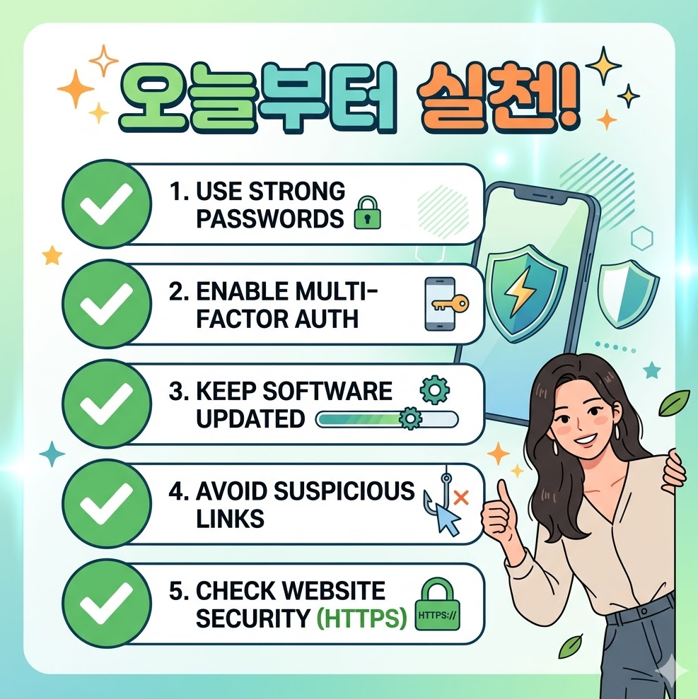 체크리스트 형태로 5단계 안전 검색 루틴이 녹색 체크 표시와 함께 나열된 인포그래픽