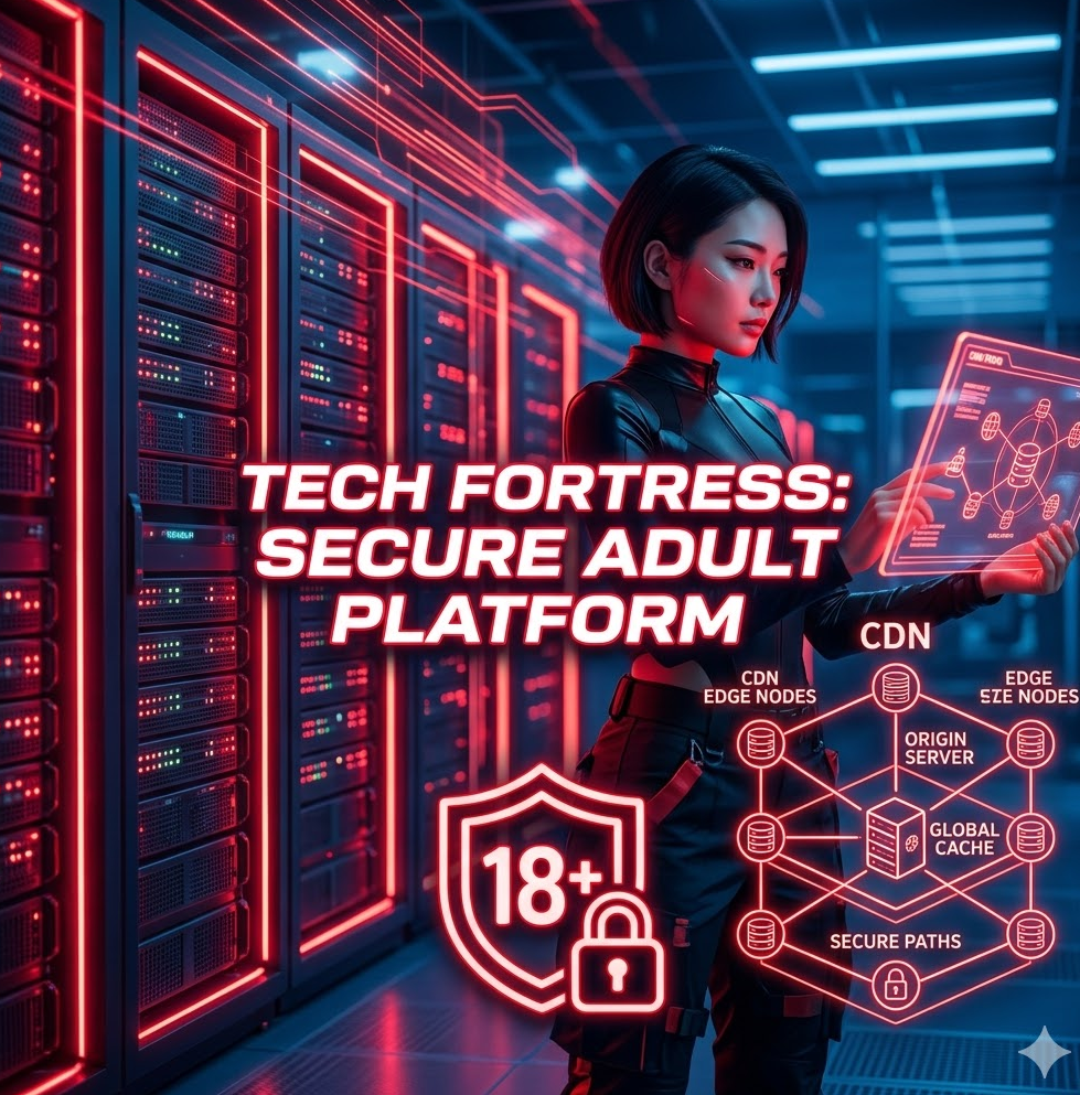 붉은 네온으로 빛나는 서버 랙과 성인인증 아이콘, CDN 네트워크 다이어그램이 겹쳐진 그래픽