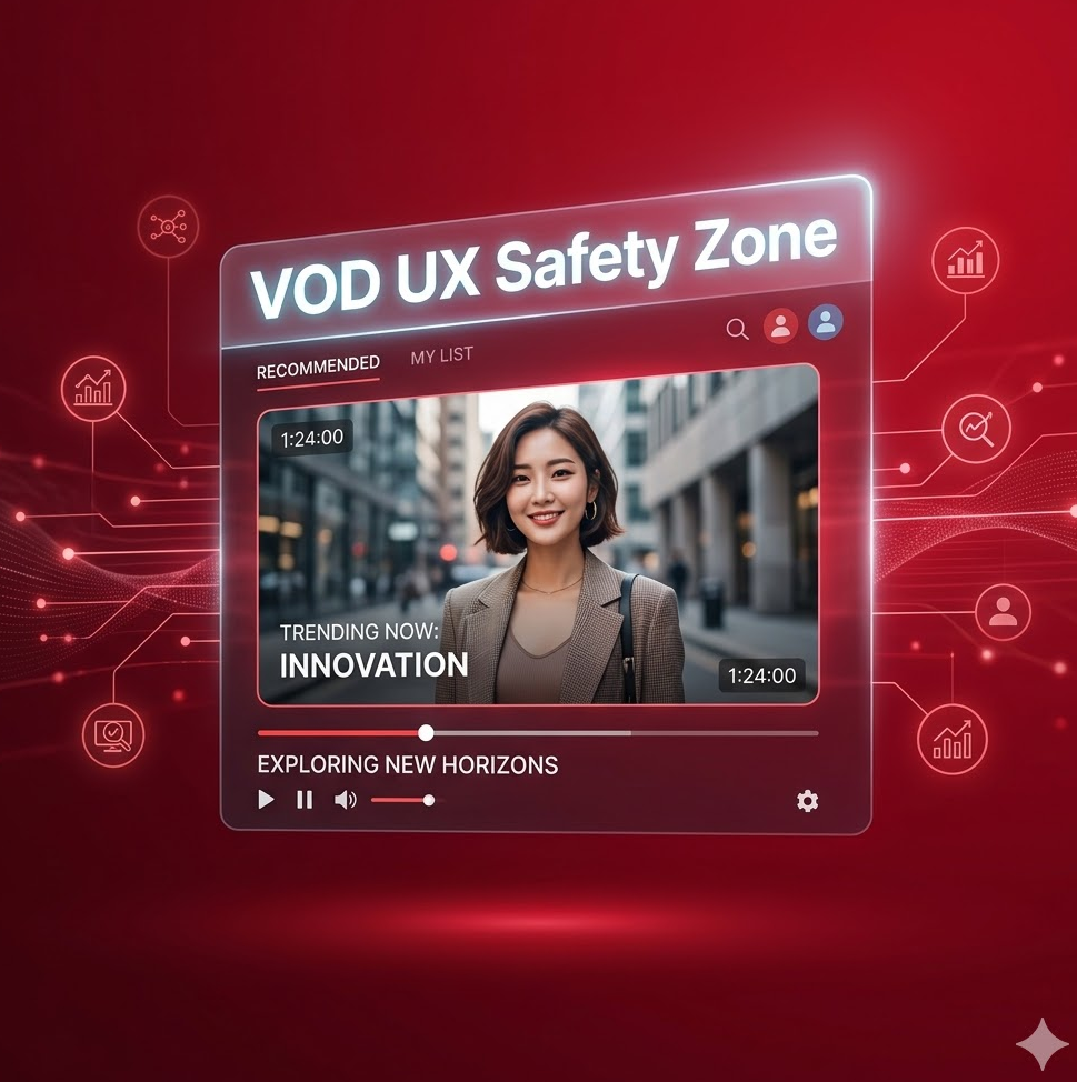 붉은 배경에 깔끔한 VOD 플레이어 UI가 떠 있는 그래픽