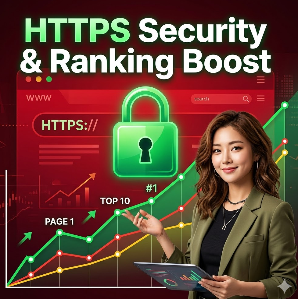 붉은 사이트 화면에 HTTPS 자물쇠 아이콘이 크게 떠 있는 그래픽