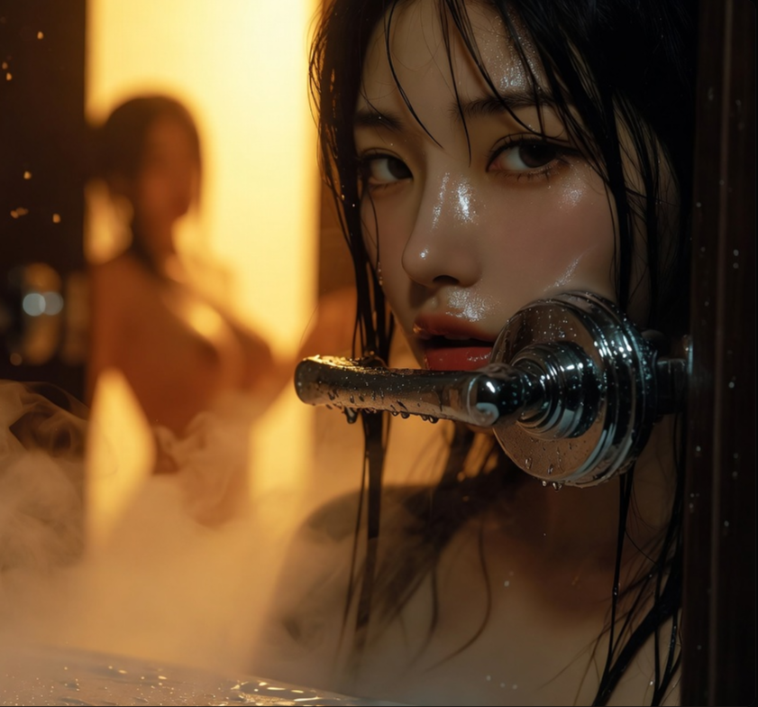 뿌연 수증기가 가득한 욕실 문고리의 정교한 클로즈업, 문 너머에서 새어 나오는 따뜻한 노란색 조명과 바닥에 흩뿌려진 물방울들이 초점이 흐릿하게 잡히며 누군가의 은밀한 방송 준비 과정을 훔쳐보는 듯한 시선의 사진
