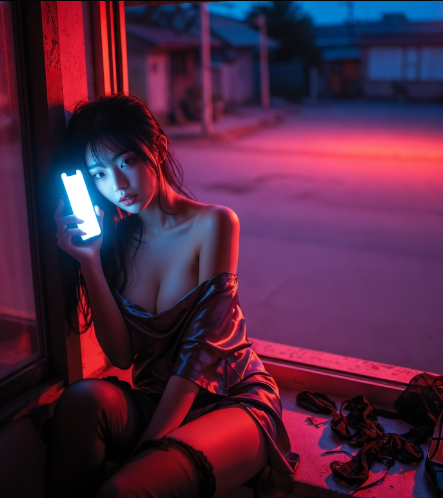 새벽거리의 차가운 붉은빛 네온이 비치는 창가 옆, 구겨진 검은색 스타킹과 흩어진 구두가 바닥에 놓여 있고, 밝은 스크린 빛이 배우를 비추고 있는 정물사진